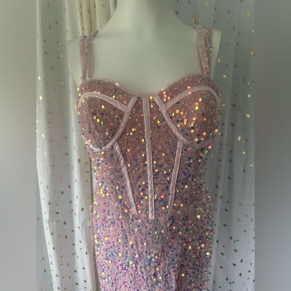 Lavetir NWT Sequin Velvet Corset Lace Up Back High Side Sexy Slit Prom Dress 4 - Picture 3 of 10